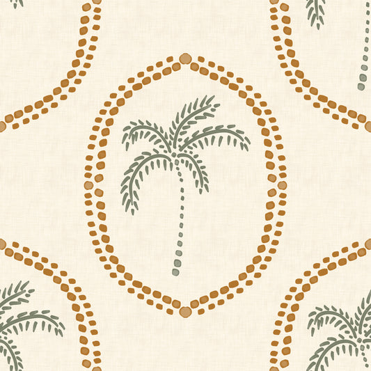 Papel de Parede Medalhão Dourado Oásis de Palmeiras Boho Praiano