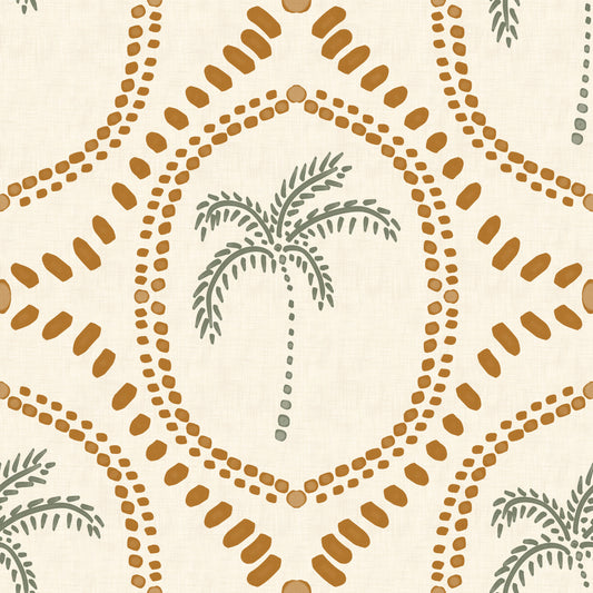 Papel de Parede Dourado Oasis de Palmeiras Boho Praiano