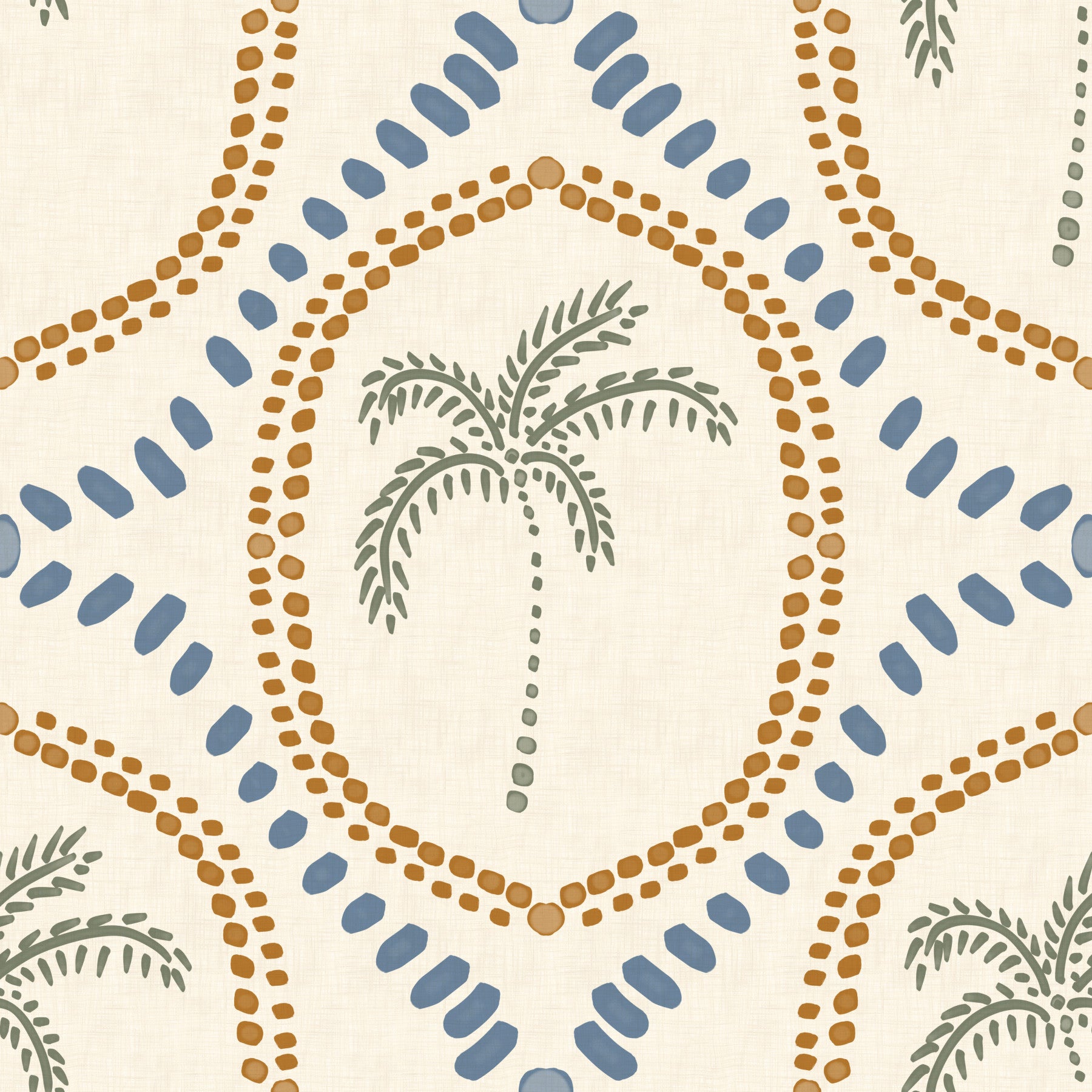 Large living room decorated with the Beachy Boho Palm Oasis Golden & Slate Blue Wallpaper.