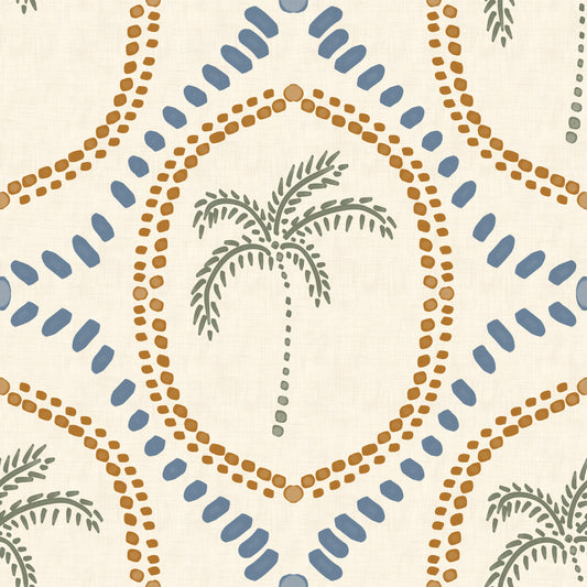 Papel de Parede Oasis Boho Praiano com Palmeiras Dourado e Azul Ardósia