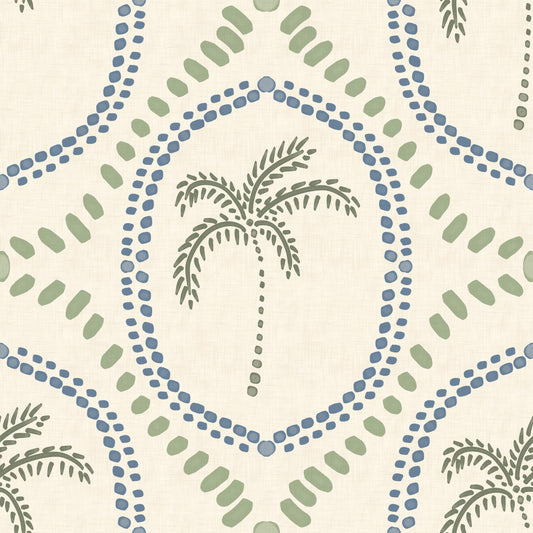 Beachy Boho Palm Oasis Slate Blue & Costal Green Wallpaper⁠
