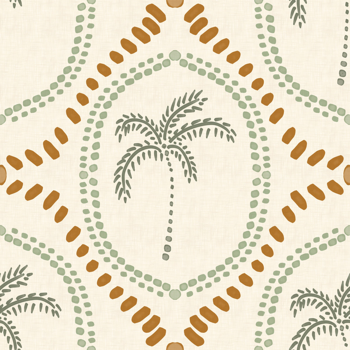 Papel Tapiz Oasis Costal Verde y Dorado con Palmas Bohemias Playeras in your room — zoomed