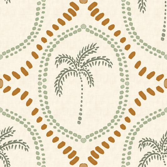 Papel de Parede Oasis Costeiro Boho Praia com Palmeiras Verdes e Douradas