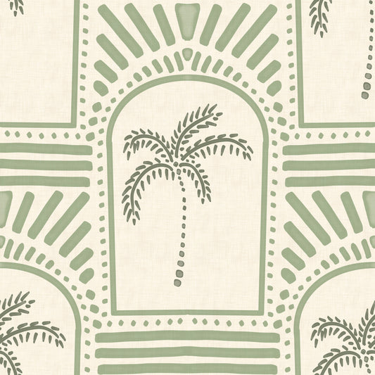 Tropical Palm Art Deco Archways Costal Green Wallpaper⁠