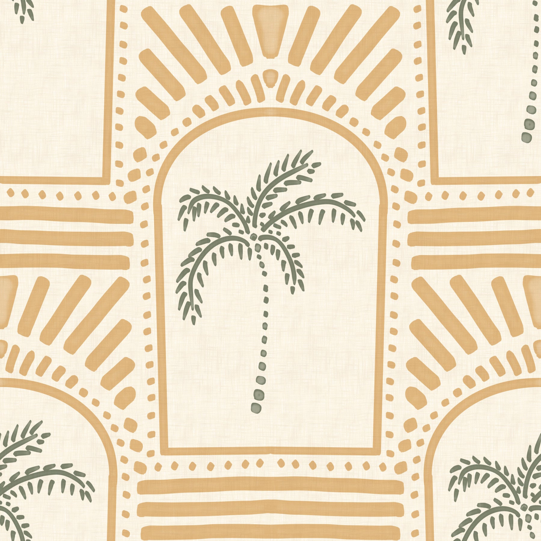 Carta da parati sabbia con archi Art Deco e palme tropicali