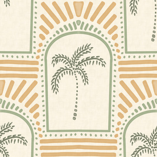 Tropical Palm Art Deco Archways Costal Green & Sand Wallpaper⁠