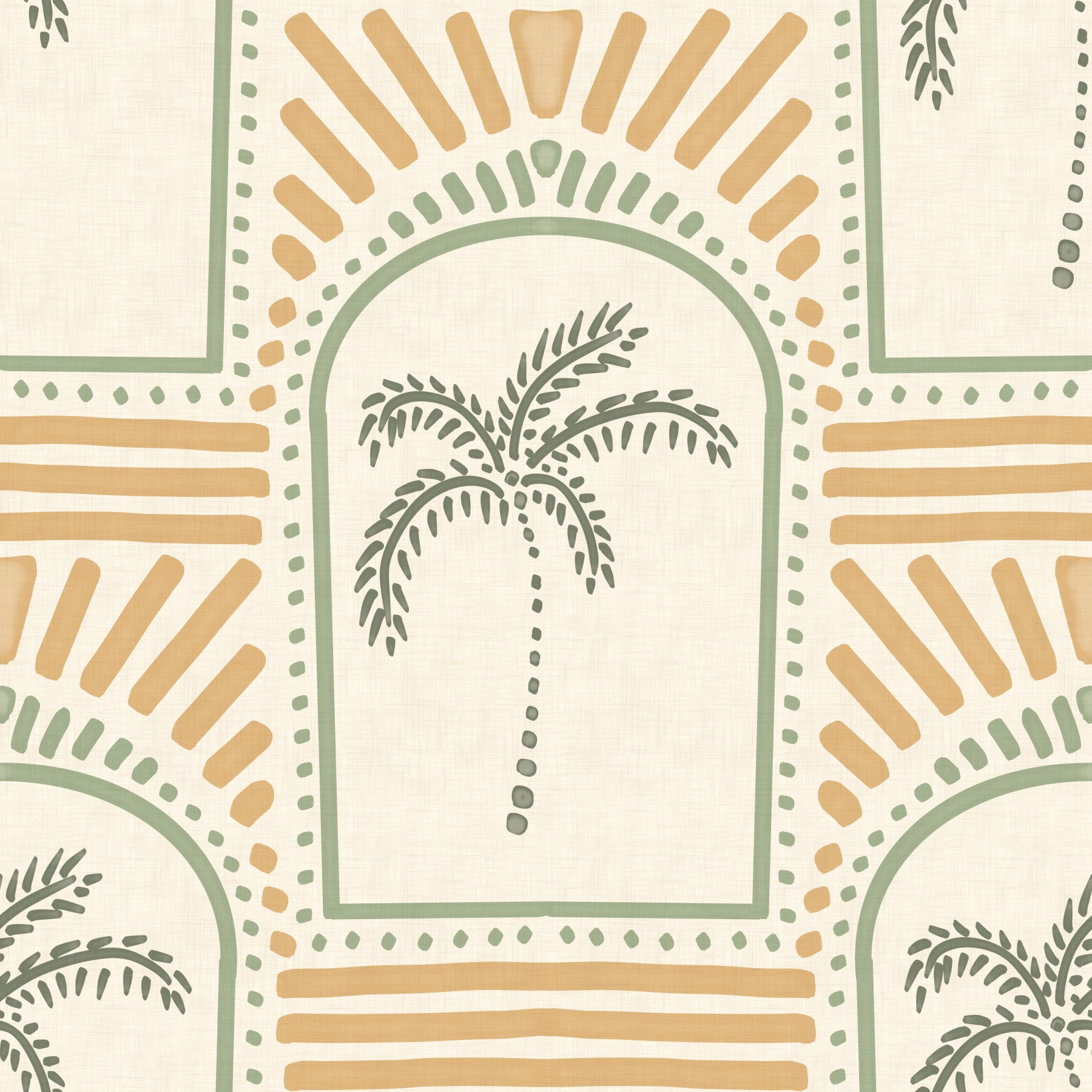 Carta da parati Tropical Palm Art Deco Archways Verde Costale e Sabbia