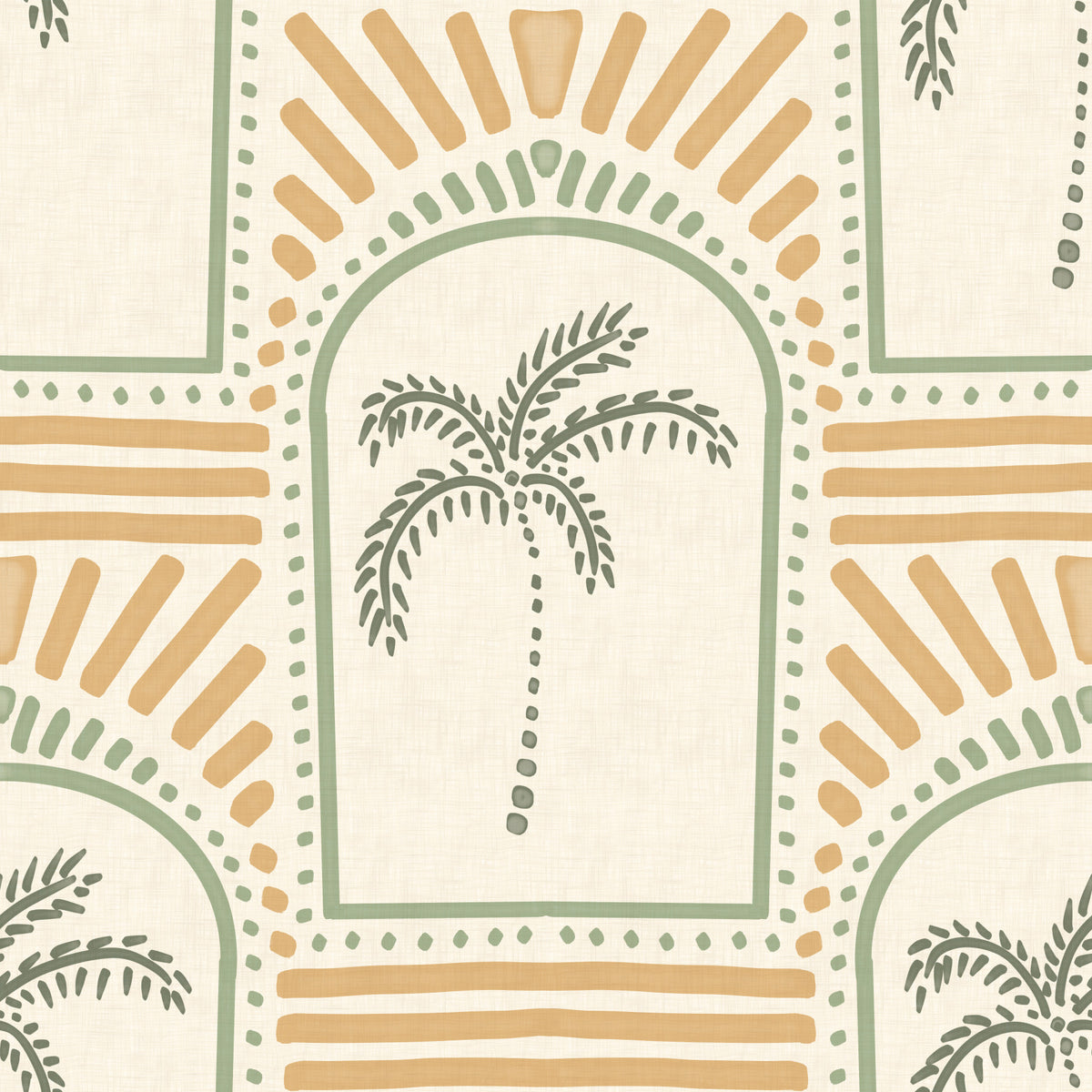 Tropical Palm Art Deco Archways Costal Green & Sand Wallpaper⁠ in your room — zoomed