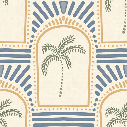 Tropisk Palme Art Deco Buegange Sand & Skiferblå Tapet⁠