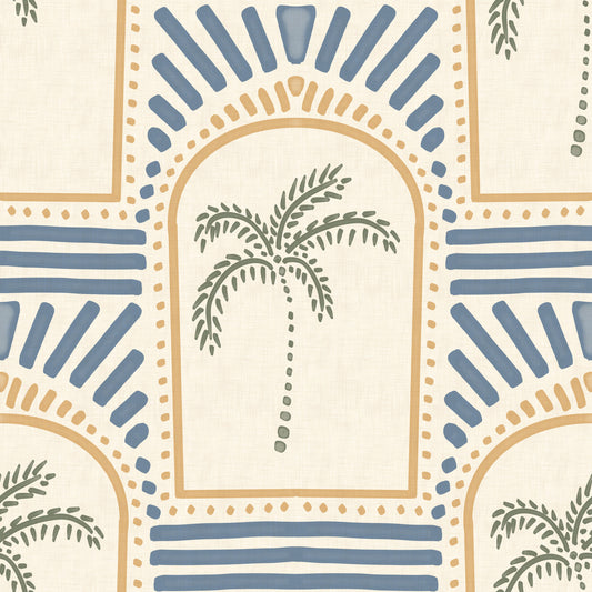 Tropical Palm Art Deco Archways Sand & Slate Blue Wallpaper⁠