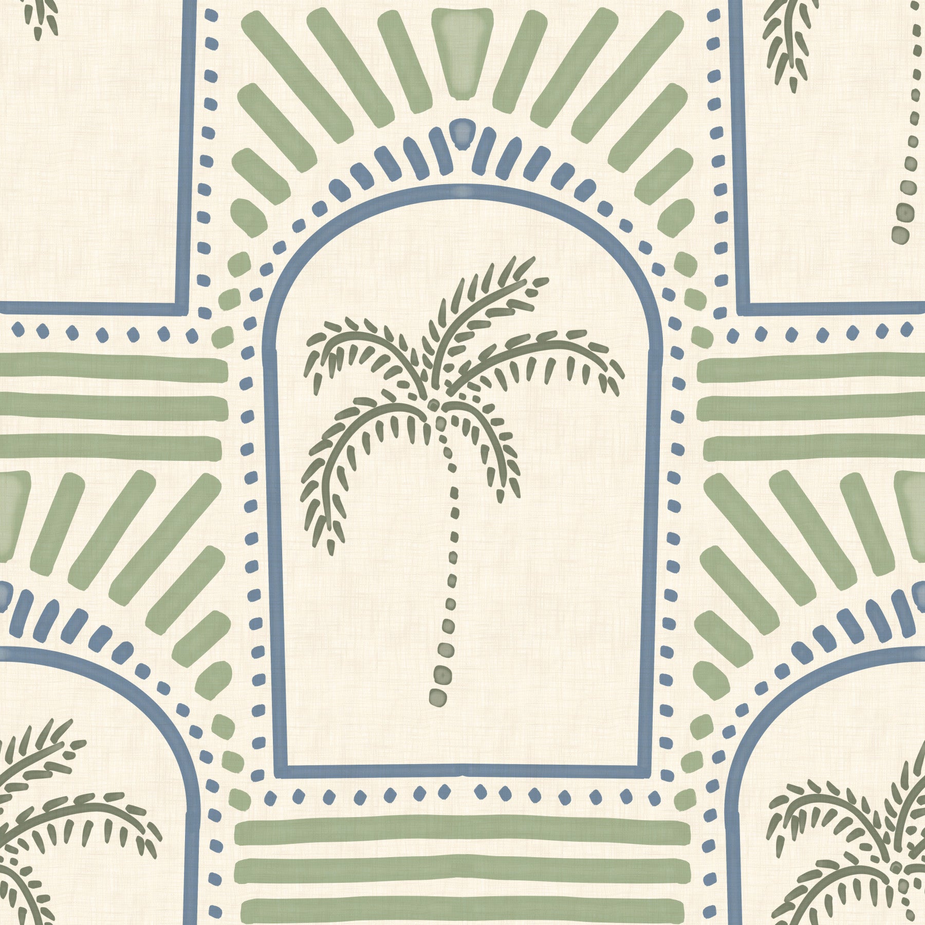 Tropisk Palm Art Deco Bågar Skifferblå & Kustgrön Tapet⁠
