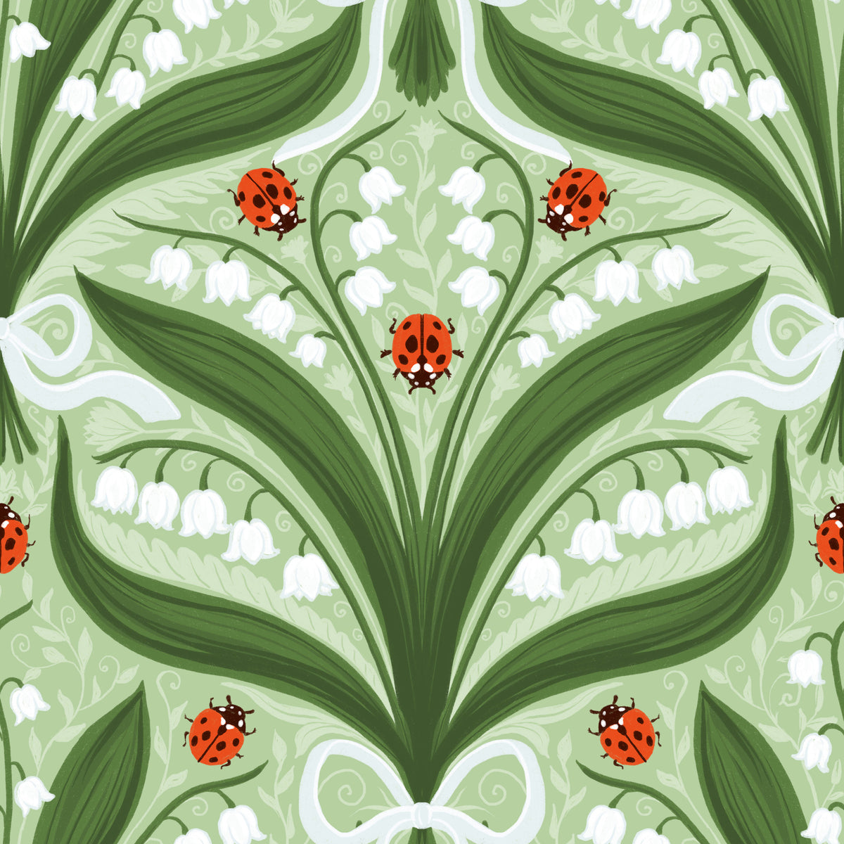 Mughetto e coccinelle simmetrici in verde, bianco e rosso 2 Carta da parati⁠ in your room