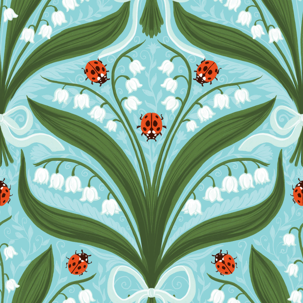 Lelietje-van-dalen en lieveheersbeestjes symmetrie in groen, wit en rood 3 Behang⁠ in your room