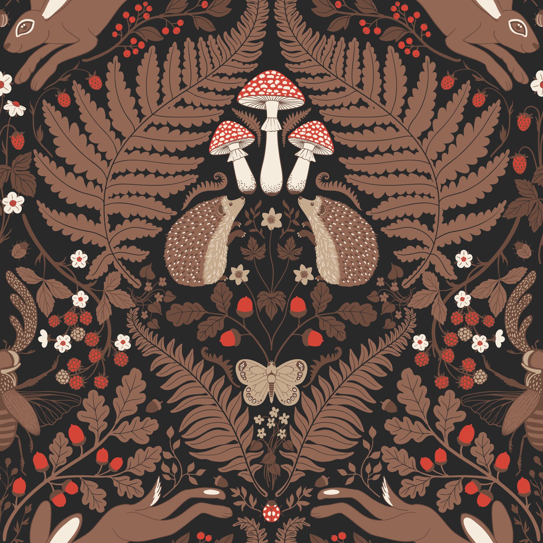 Dining room enriched by woodland animals and plants wallpaper in red and brown