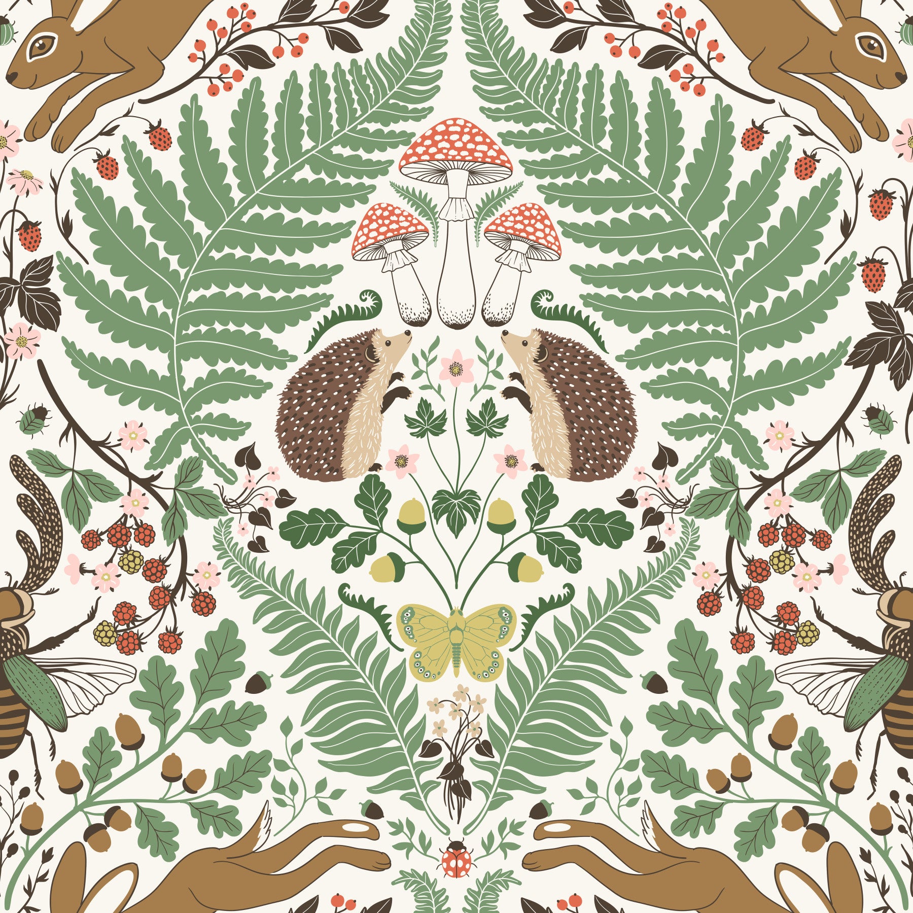 Woodland animals and plants in sage and ochre Wallpaper⁠