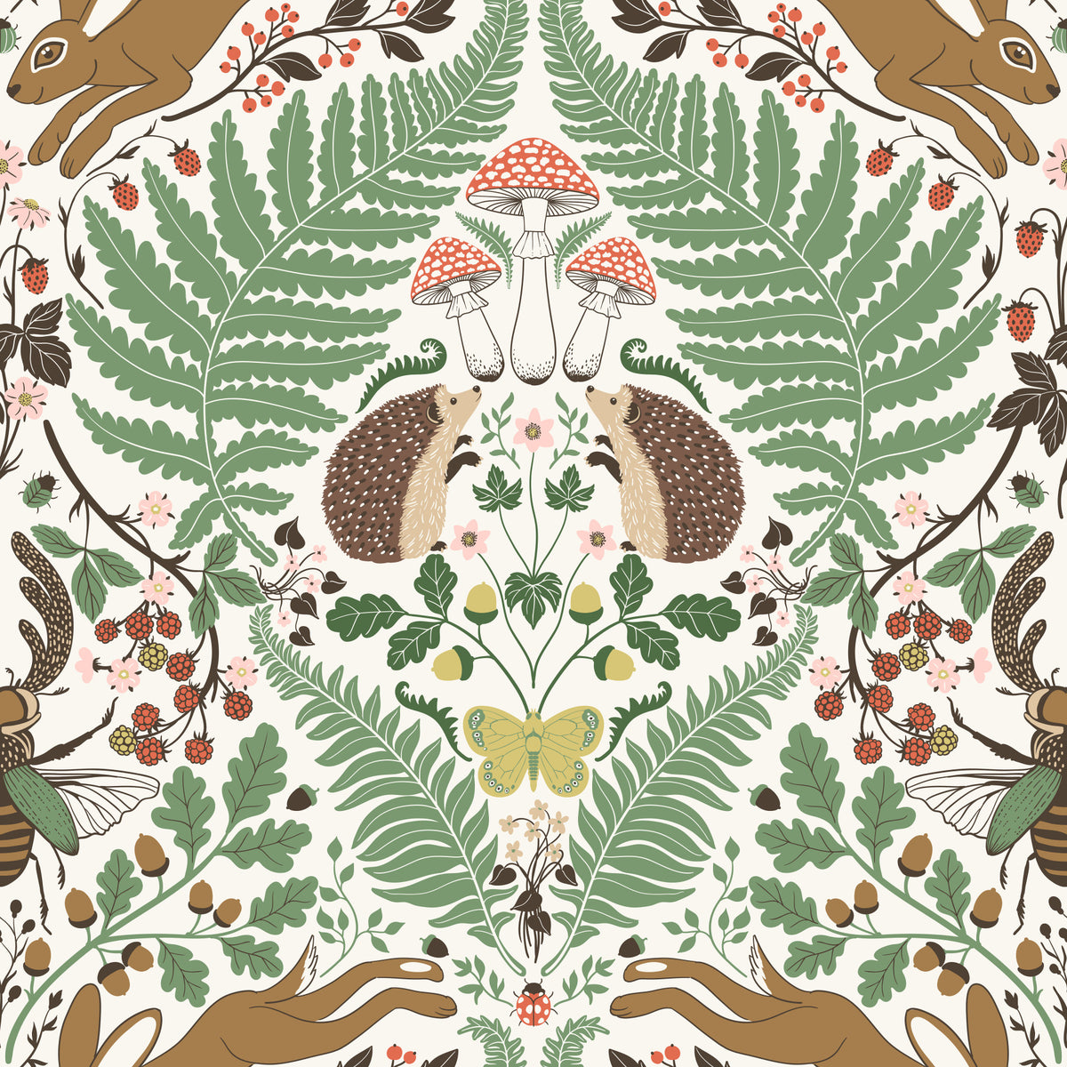 Papier peint animaux et plantes de la forêt en sauge et ocre in your room — zoomed