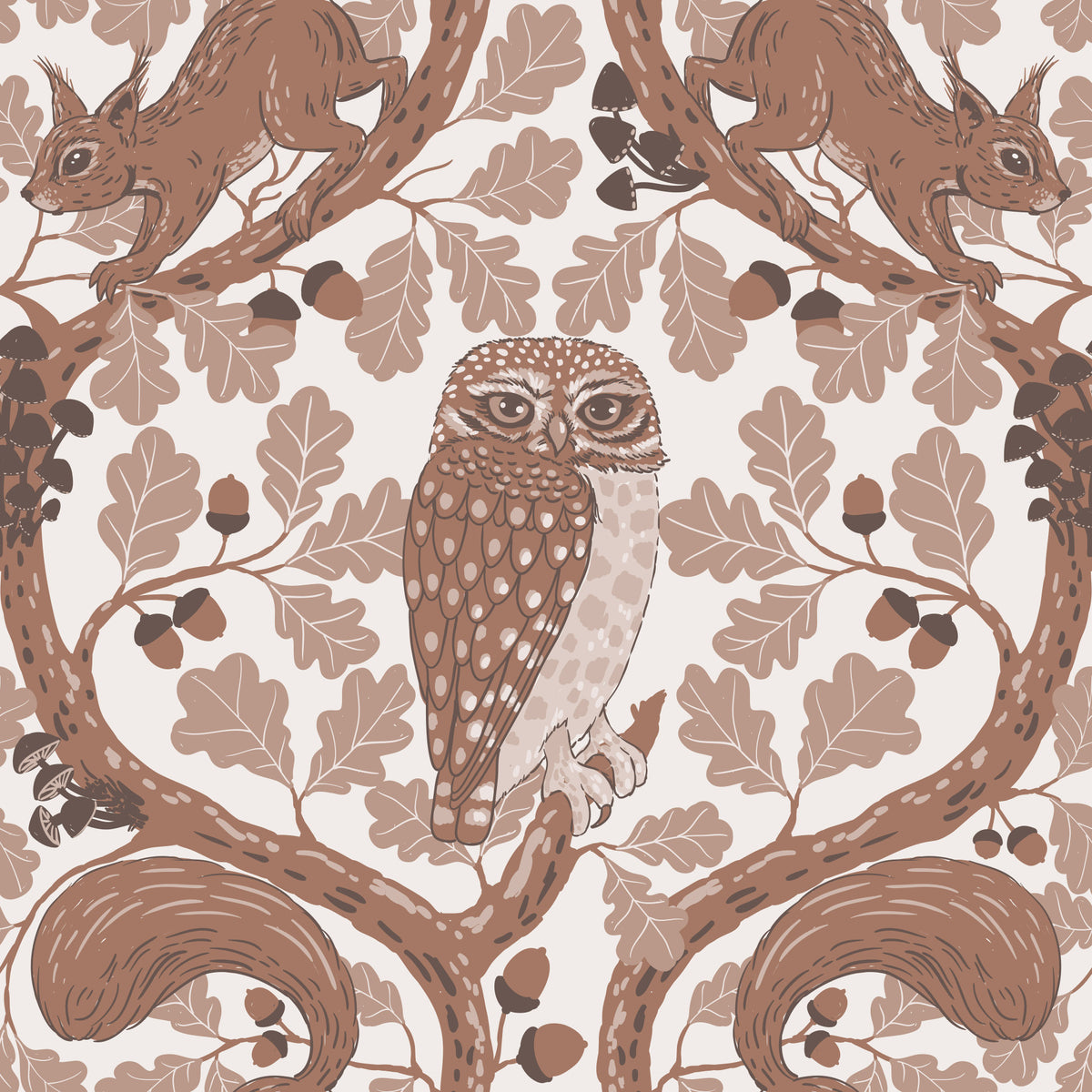 Woodland Whispers/Eulen und Eichhörnchen in der Eiche/Mocha Mousse und Kaffee Braun 2 Tapete⁠