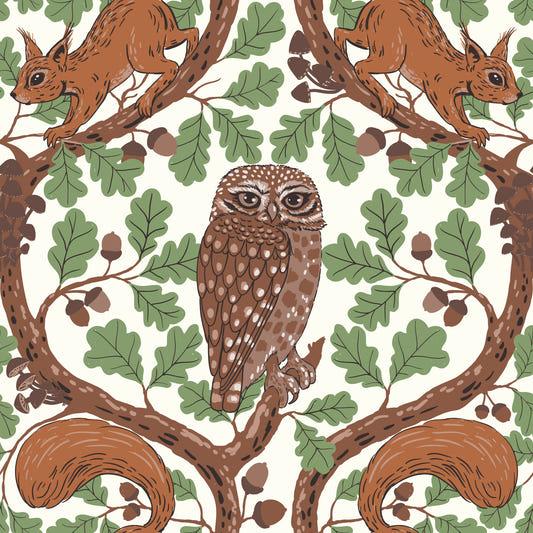 Woodland Whispers/Ugle og ekorn i eik/mocha mousse og kaffe brun 3 Tapet⁠