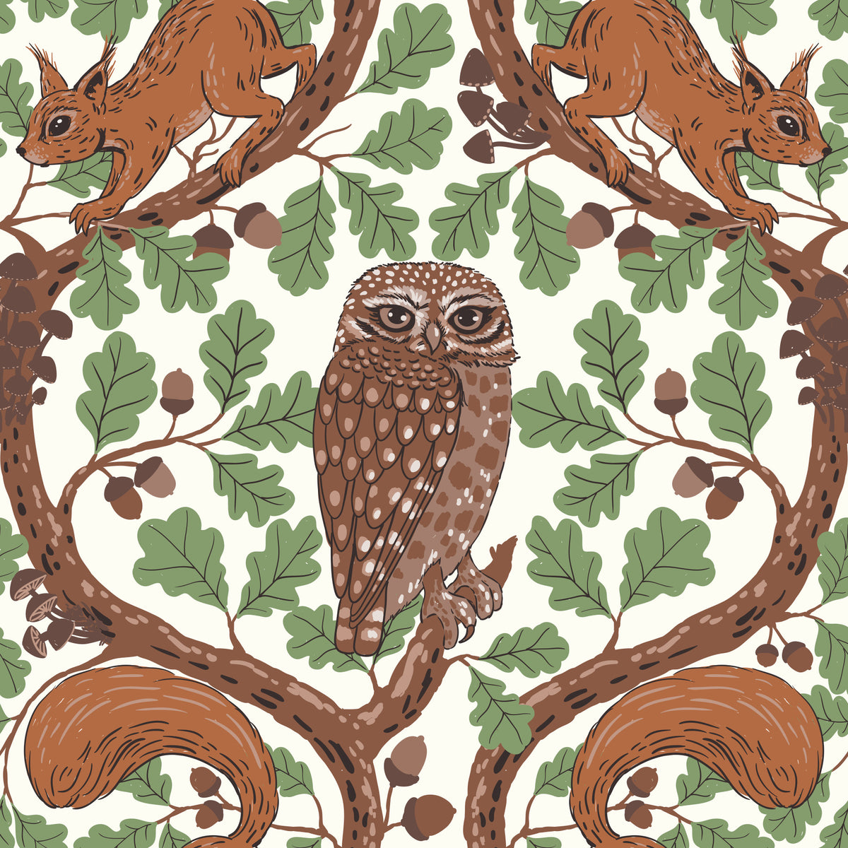 Woodland Whispers/Ugle og egern i egetræ/mocha mousse og kaffe brun 3 Tapet⁠ in your room — zoomed