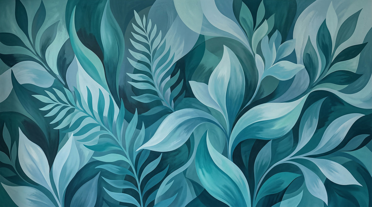 Aqua Serenity Bladeren Muurmuurdecoratie in your room — zoomed