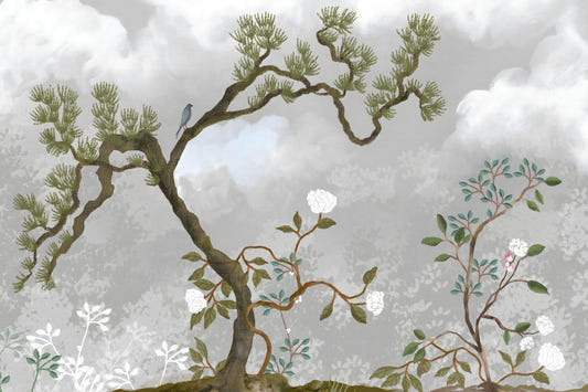 Carta da parati murale Misty Garden Bloom Chinoiserie con fiori bianchi di pino