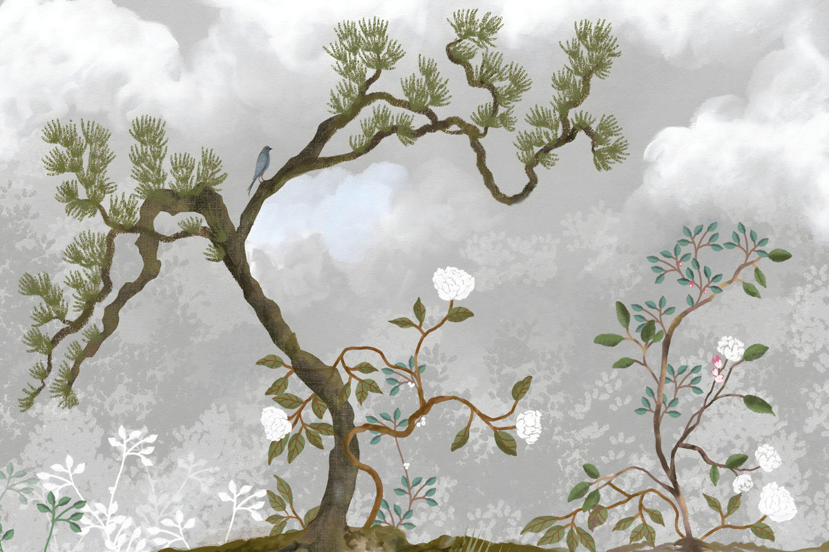 Misty Garden Bloom Chinoiserie sosnowe białe kwiaty Tapeta ścienna