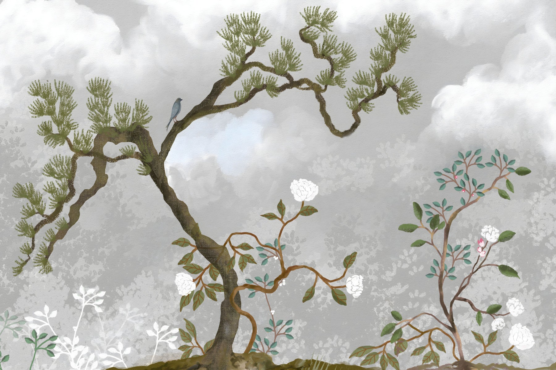 Misty Garden Bloom Chinoiserie sosnowe białe kwiaty Tapeta ścienna in your room — zoomed