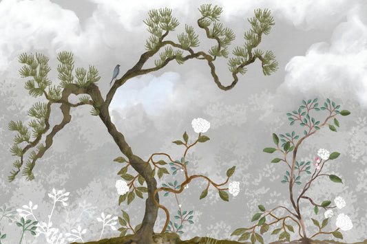 Fresque murale Fleurs blanches de pin Chinoiserie Jardin Brumeux
