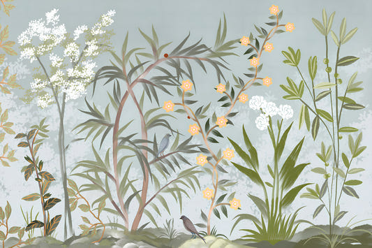 chinoiserie, stile giapponese, orientale, gru, pini, fiori bianchi, fioritura, nuvole, cielo, foresta, natura, sereno, elegante, ispirato al vintage, arte asiatica, botanico, delicato, carta da parati murale