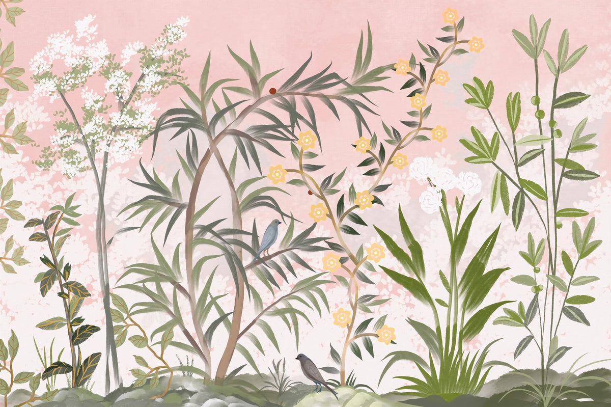 ピンクボタニカルセレニティ シノワズリ 花と木の壁画 in your room