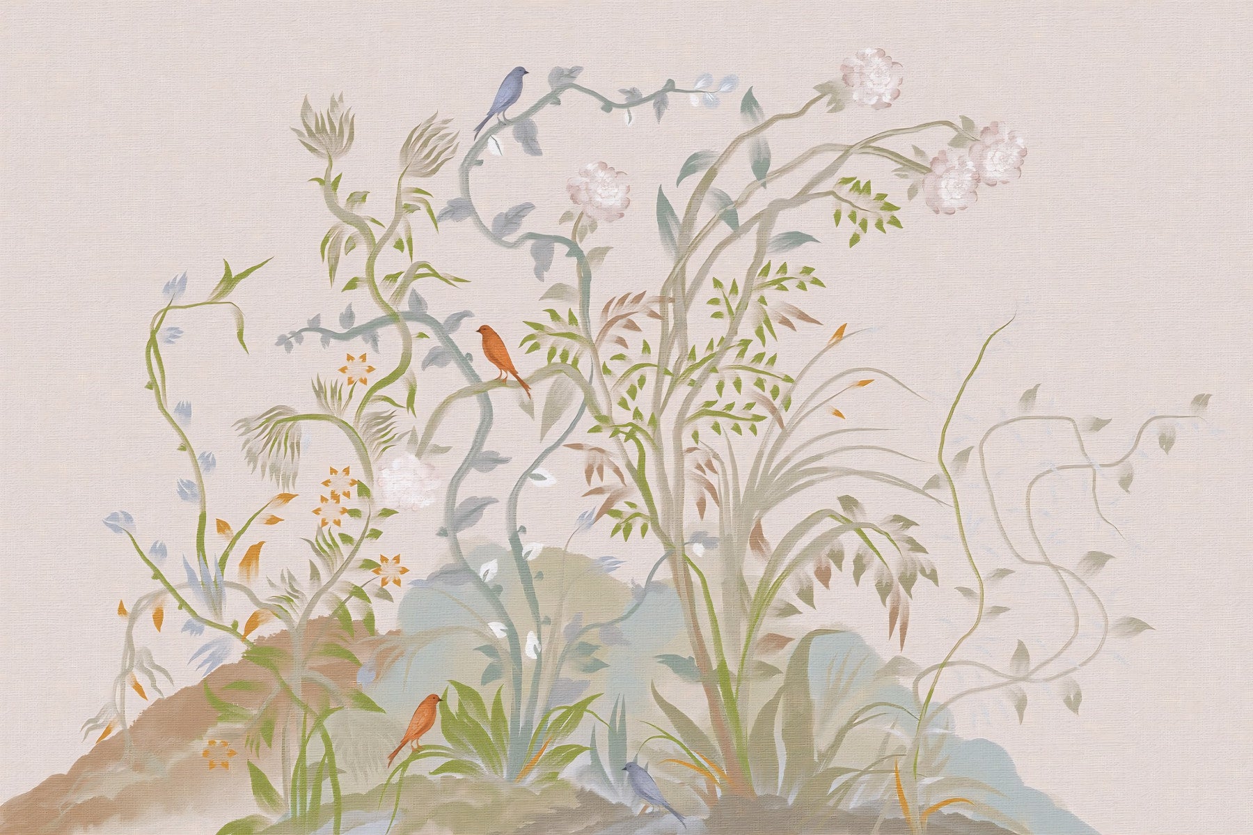 Whispering Vines & Chinoiserie Songbirds Wall Mural