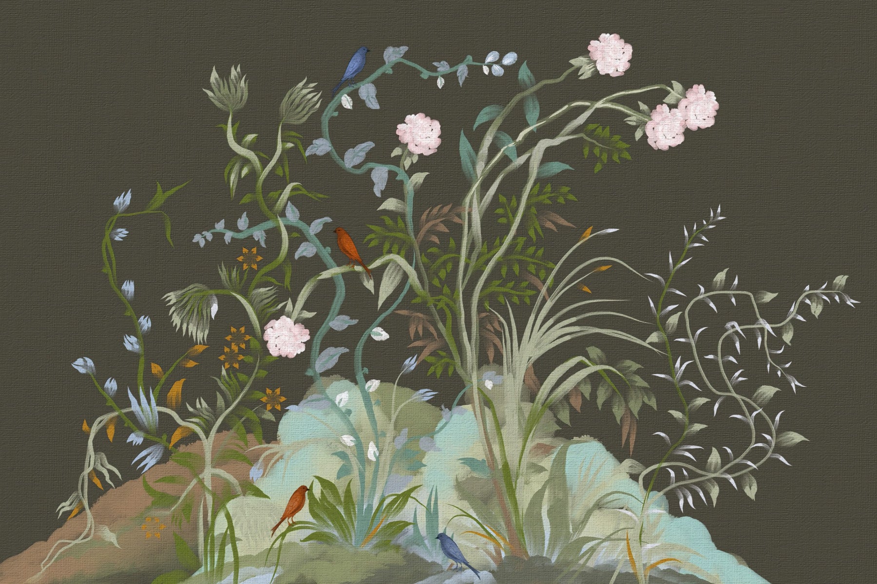 Olive ground sets a moody base for a living room in this chinoiserie wall mural
