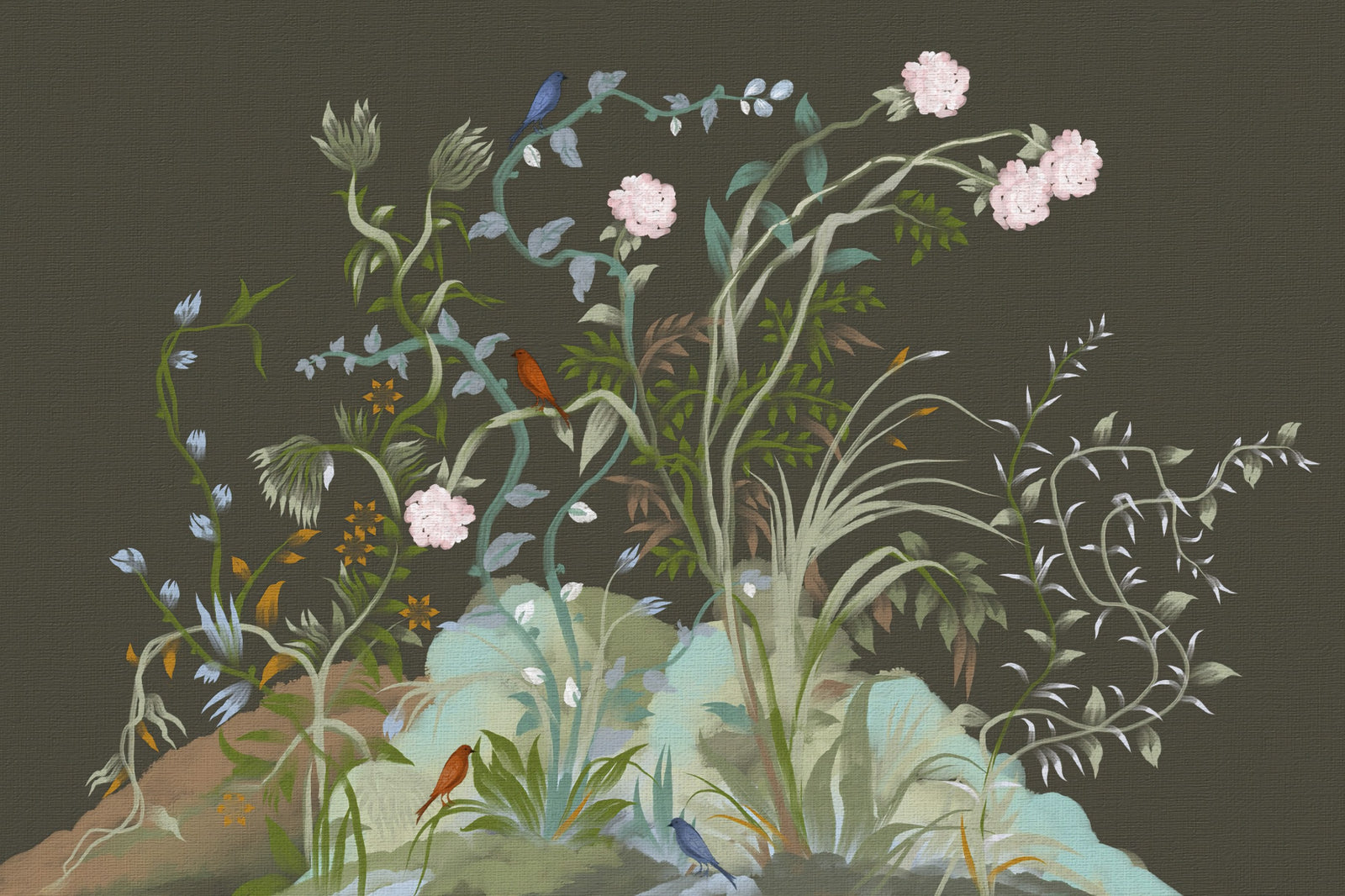 Zielone Winorośle i Ogród z Ptakami Chinoiserie Botaniczny Krajobraz Nastrojowa Fototapeta Ścienna in your room
