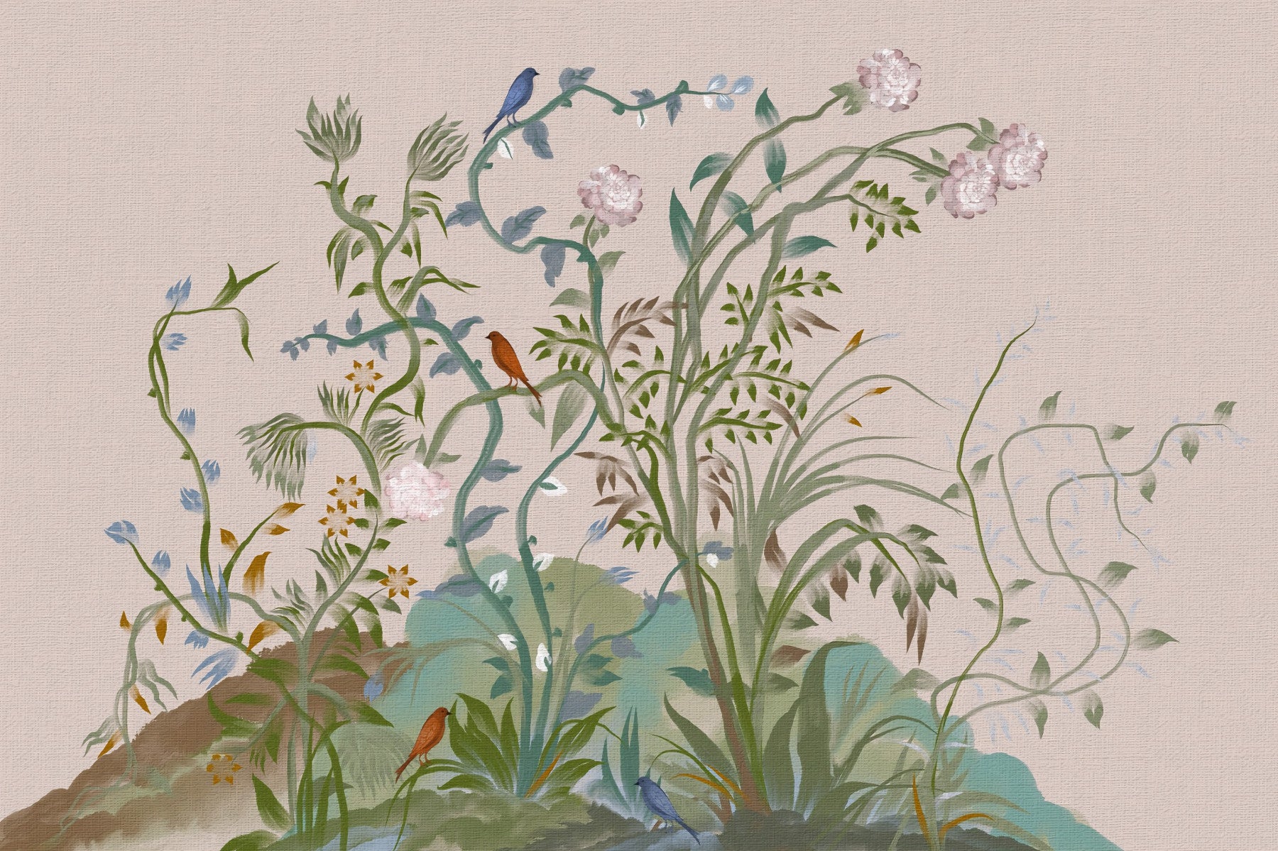 Projekt ścienny Chinoiserie z japońskimi żurawiami w lesie sosnowym, białe kwiaty, miękkie chmury na niebie, elegancka orientalna natura in your room — zoomed