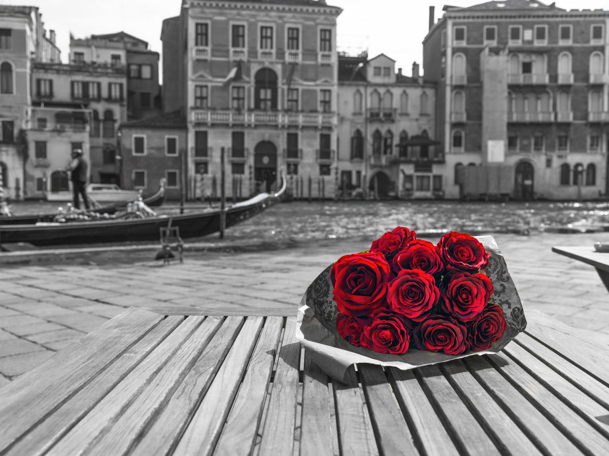 Rote Rosen, Graues Venedig Wandbild in your room — zoomed