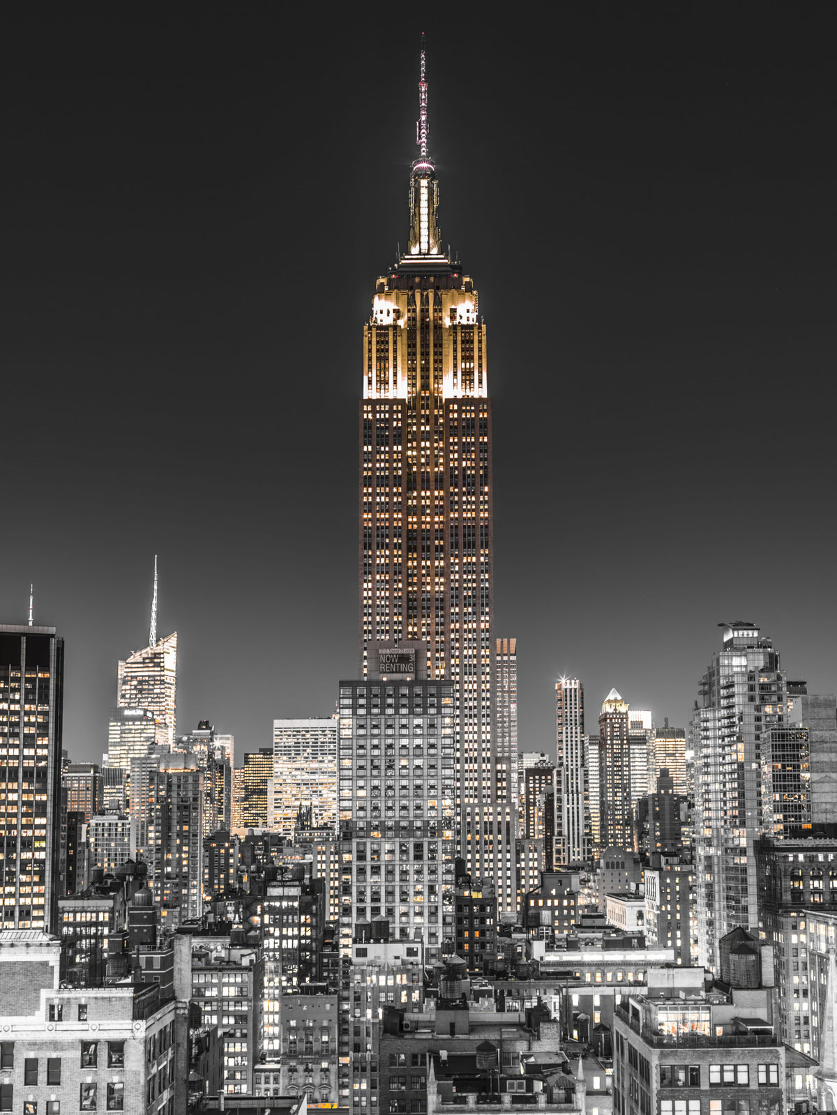 Empire Glow: NYC Night in Grayscale Gold Wall Mural in your room — zoomed