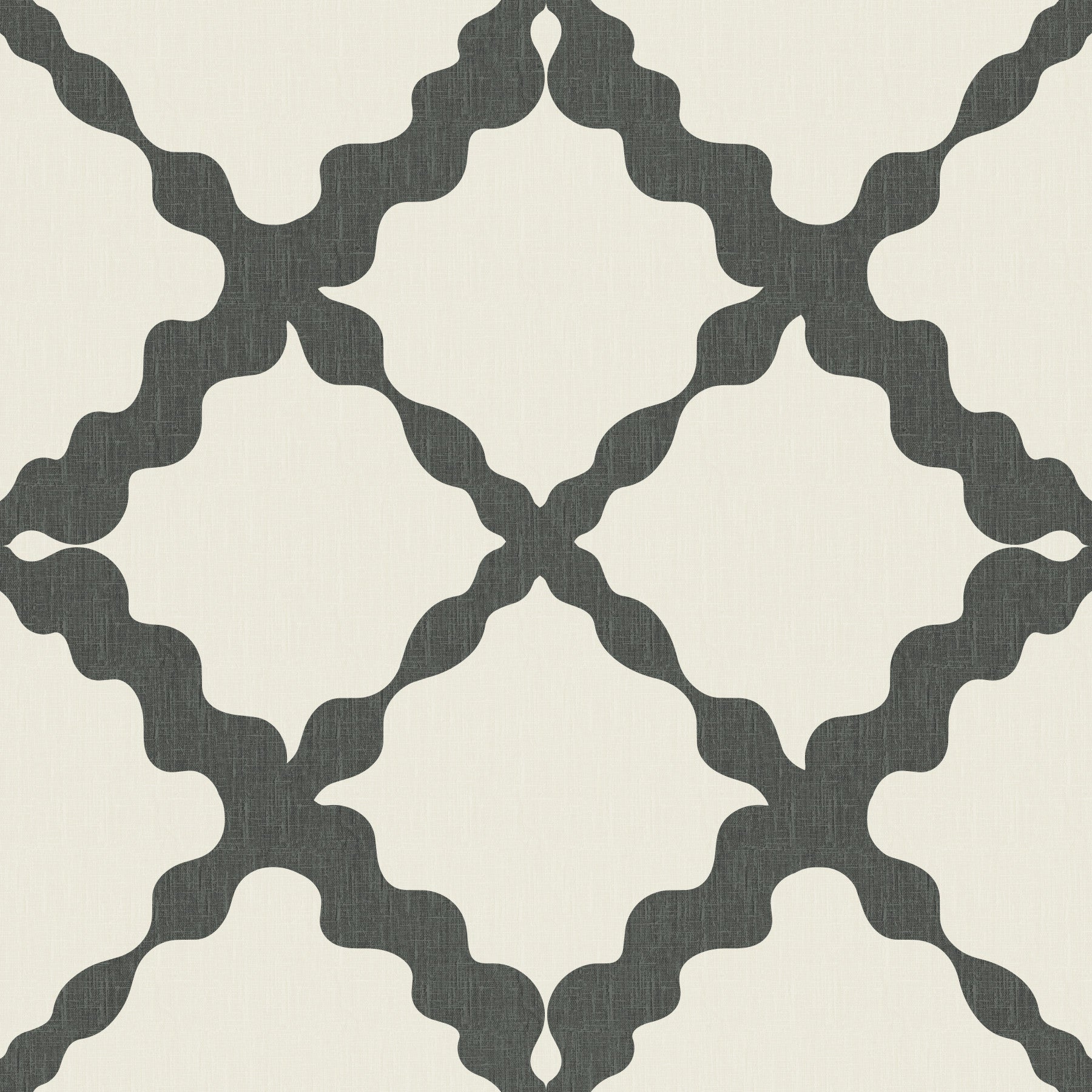 Charcoal mesh lines pattern the Lattice Trellis Modern wallpaper across a Living room 