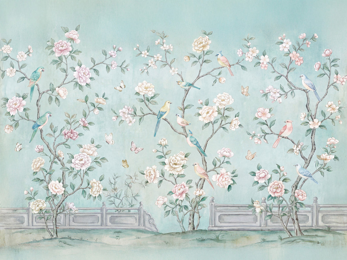 Papel de Parede Mural Aviário Chinoiserie Sereno in your room — zoomed