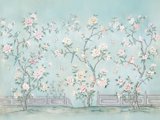 Papier peint panoramique sérénité chinoiserie volière
