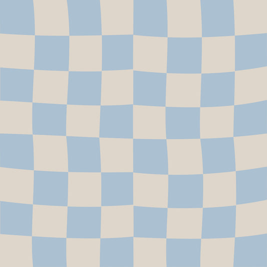 Papel pintado de ondas a cuadros azul y beige