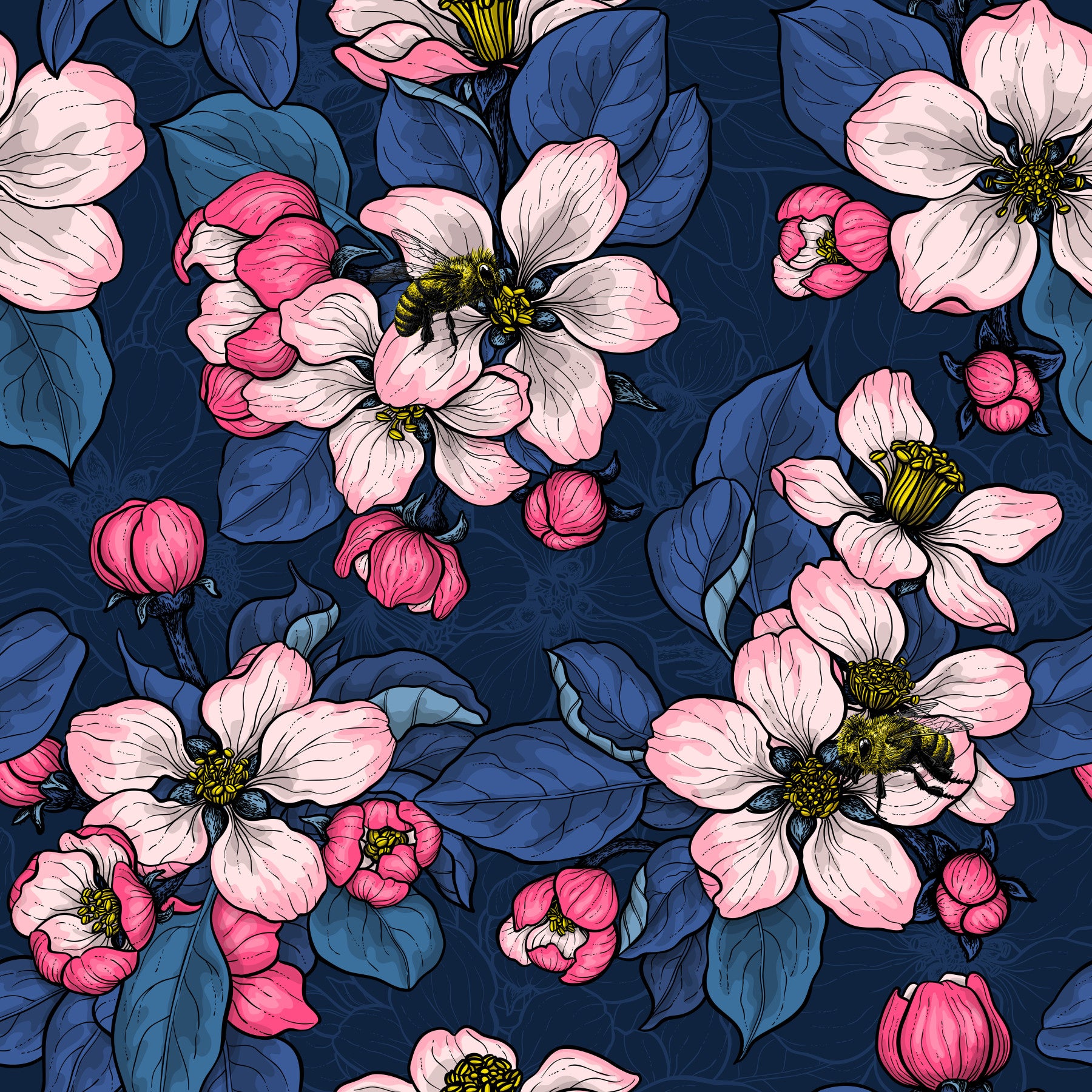 Fleur de pommier sur fond bleu foncé 2 Papier peint⁠