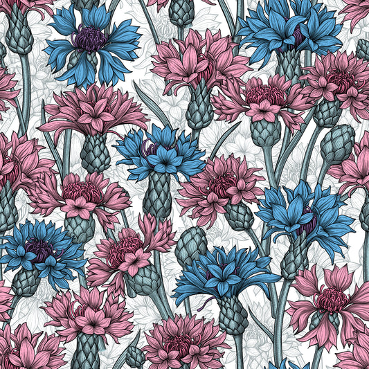 Papier peint bleuets roses et bleus sur fond blanc