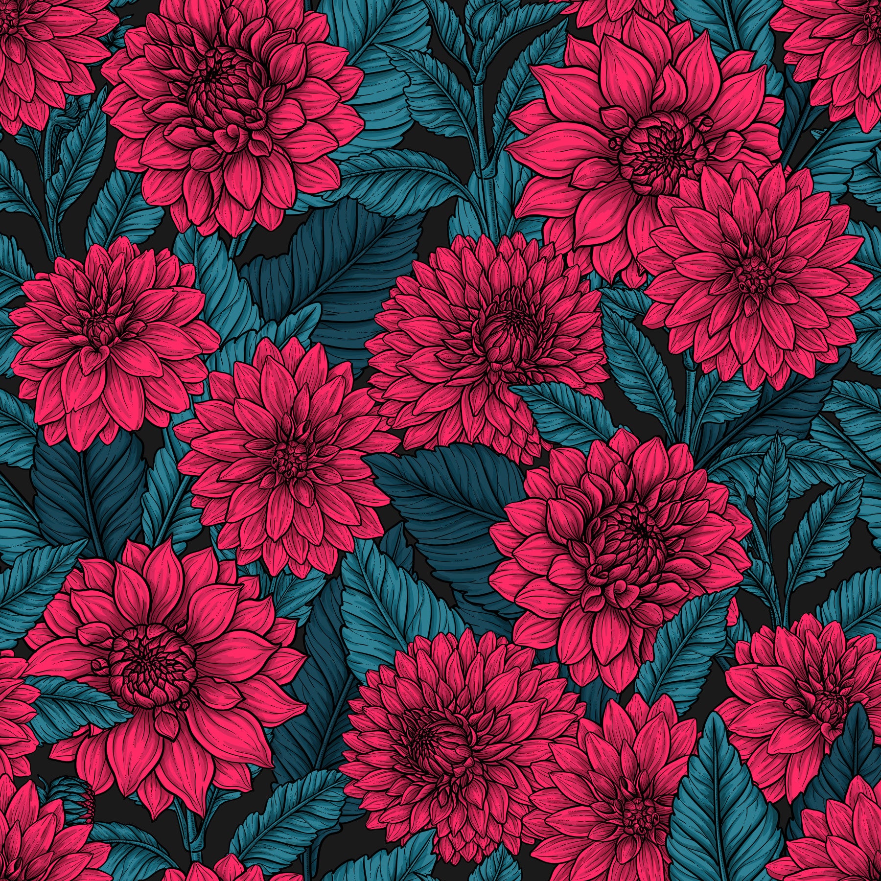 Papier peint jardin de dahlias rouges / feuilles bleues