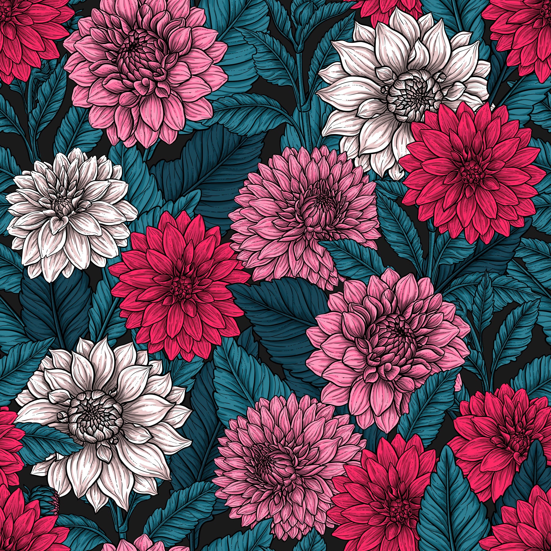 Dahlia garden pink red and white flowers blue leaves wallpaper suits a living room.