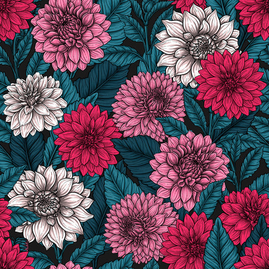 Tapete Dahliengarten/rosa/rot-weiße Blumen/blaue Blätter