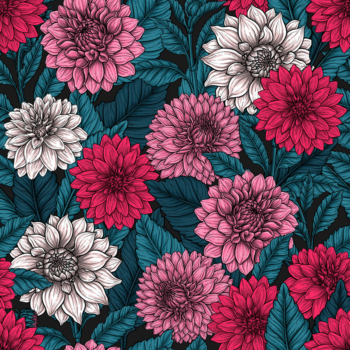 Tapete Dahliengarten/rosa/rot-weiße Blumen/blaue Blätter