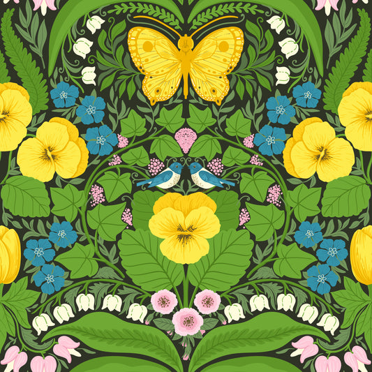 Dollhouse garden, Yellow pansies, birds and butterflies Wallpaper⁠