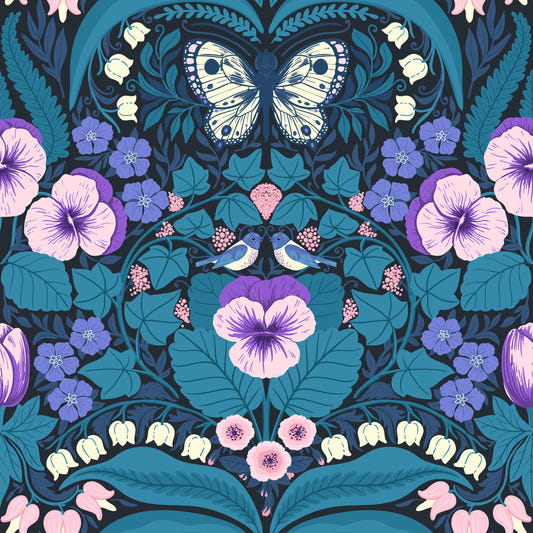 Dollhouse garden, pansies, birds and butterflies Wallpaper⁠