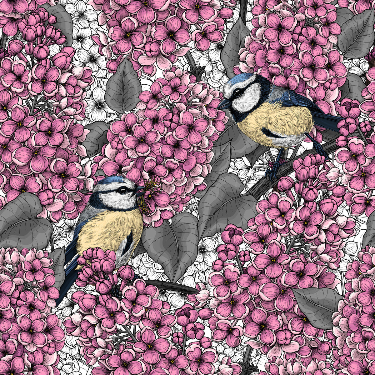 Papier peint Oiseaux dans un jardin lilas rose in your room — zoomed