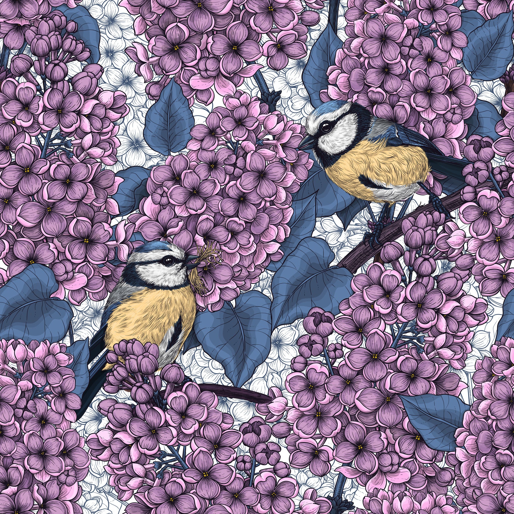Papier peint Oiseaux dans un jardin lilas violet